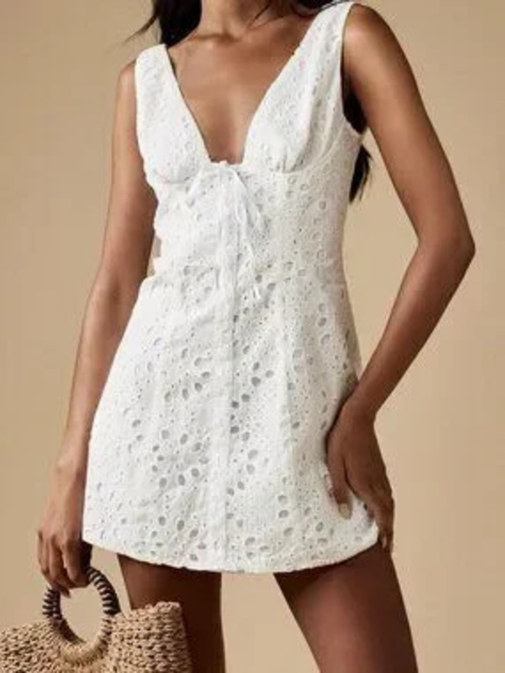 White Broderie Anglaise Sexy Women's Mini Dress with Button Front